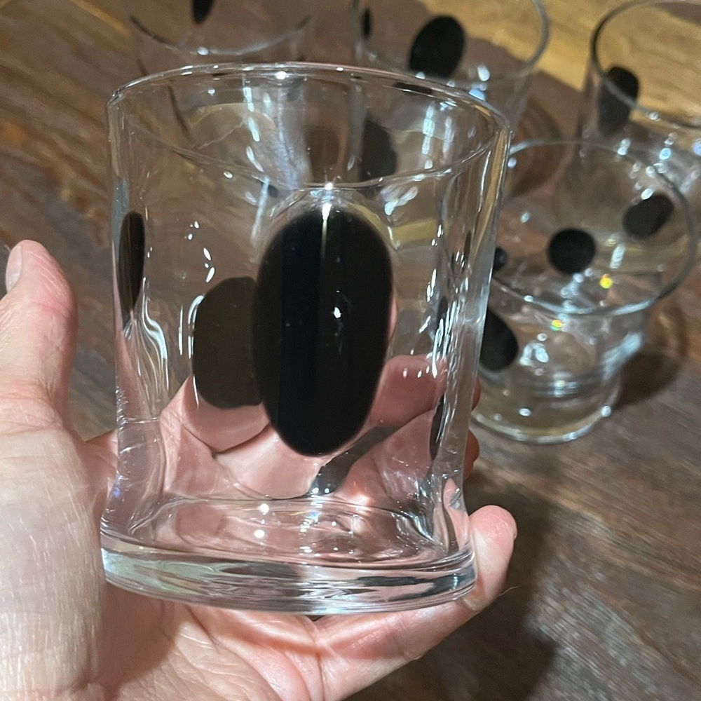 Set of 5 Hand Blown Art Glass Clear w/Black Spots Whiskey Glass Barware Juice